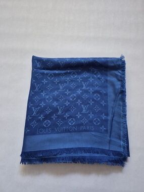 Louis Vuitton Blue Jacquard  Monogram Silk Wool Scarf 55"